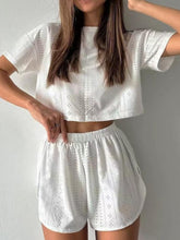 Load image into Gallery viewer, Eyelet Round Neck Top and Shorts Set