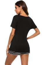 Load image into Gallery viewer, Graphic Round Neck Top and Striped Shorts Lounge Set