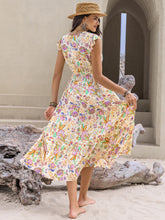 Load image into Gallery viewer, Ruched Printed Cap Sleeve Midi Dress