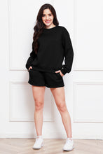 Load image into Gallery viewer, Round Neck Long Sleeve Sweatshirt and Drawstring Shorts Set