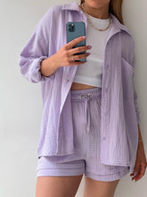 Load image into Gallery viewer, Texture Button Up Shirt and Drawstring Shorts Set