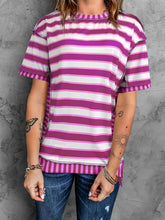 Load image into Gallery viewer, Full Size Contrast Stitching Striped Round Neck T-Shirt