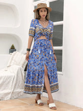 Load image into Gallery viewer, Ditsy Floral Tie Neck Top and Slit Skirt Set