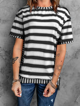 Load image into Gallery viewer, Full Size Contrast Stitching Striped Round Neck T-Shirt