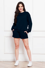 Load image into Gallery viewer, Round Neck Long Sleeve Sweatshirt and Drawstring Shorts Set