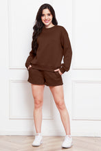 Load image into Gallery viewer, Round Neck Long Sleeve Sweatshirt and Drawstring Shorts Set