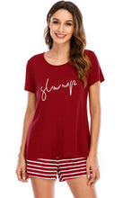 Load image into Gallery viewer, Graphic Round Neck Top and Striped Shorts Lounge Set