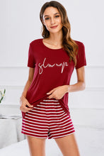 Load image into Gallery viewer, Graphic Round Neck Top and Striped Shorts Lounge Set