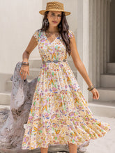 Load image into Gallery viewer, Ruched Printed Cap Sleeve Midi Dress