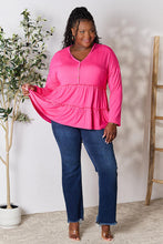 Load image into Gallery viewer, Double Take Half Button Long Sleeve Ruffle Hem Blouse