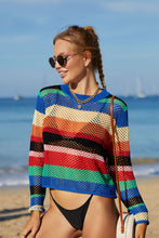 Load image into Gallery viewer, Rainbow Stripe Openwork Long Sleeve Cover-Up