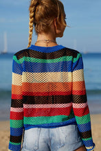 Load image into Gallery viewer, Rainbow Stripe Openwork Long Sleeve Cover-Up
