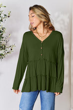 Load image into Gallery viewer, Double Take Half Button Long Sleeve Ruffle Hem Blouse