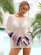 Load image into Gallery viewer, Rainbow Stripe Openwork Boat Neck Cover-Up