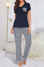 Load image into Gallery viewer, Pocketed Short Sleeve Top and Striped Pants Lounge Set
