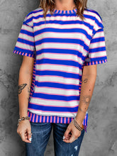 Load image into Gallery viewer, Full Size Contrast Stitching Striped Round Neck T-Shirt
