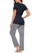 Load image into Gallery viewer, Pocketed Short Sleeve Top and Striped Pants Lounge Set
