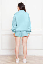 Load image into Gallery viewer, Half Zip Long Sleeve Sweatshirt and Drawstring Shorts Set
