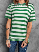 Load image into Gallery viewer, Full Size Contrast Stitching Striped Round Neck T-Shirt
