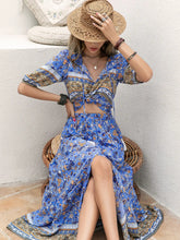 Load image into Gallery viewer, Ditsy Floral Tie Neck Top and Slit Skirt Set
