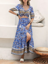 Load image into Gallery viewer, Ditsy Floral Tie Neck Top and Slit Skirt Set
