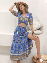 Load image into Gallery viewer, Ditsy Floral Tie Neck Top and Slit Skirt Set
