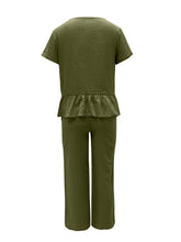 Load image into Gallery viewer, Peplum Round Neck Short Sleeve Top and Pants Set
