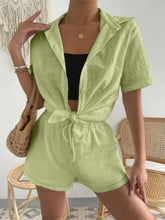 Load image into Gallery viewer, Button Up Short Sleeve Shirt and Drawstring Shorts Set
