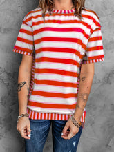 Load image into Gallery viewer, Full Size Contrast Stitching Striped Round Neck T-Shirt

