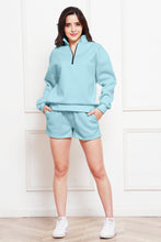 Load image into Gallery viewer, Half Zip Long Sleeve Sweatshirt and Drawstring Shorts Set
