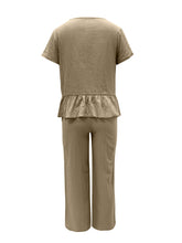 Load image into Gallery viewer, Peplum Round Neck Short Sleeve Top and Pants Set
