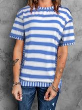 Load image into Gallery viewer, Full Size Contrast Stitching Striped Round Neck T-Shirt

