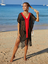 Load image into Gallery viewer, Contrast Fringe Trim Openwork Cover-Up Dress

