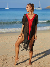 Load image into Gallery viewer, Contrast Fringe Trim Openwork Cover-Up Dress
