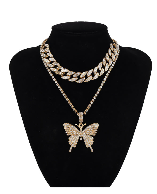 Rhinestone Butterfly Cuban Necklace